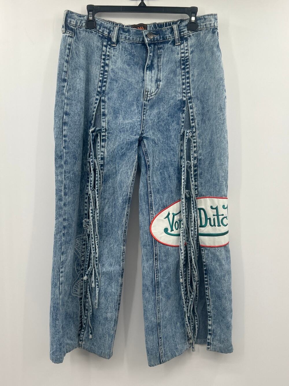 Von Dutch Originals Y2K Tie Wide Leg Jeans Size 11 Acid Wash Logo Graphic